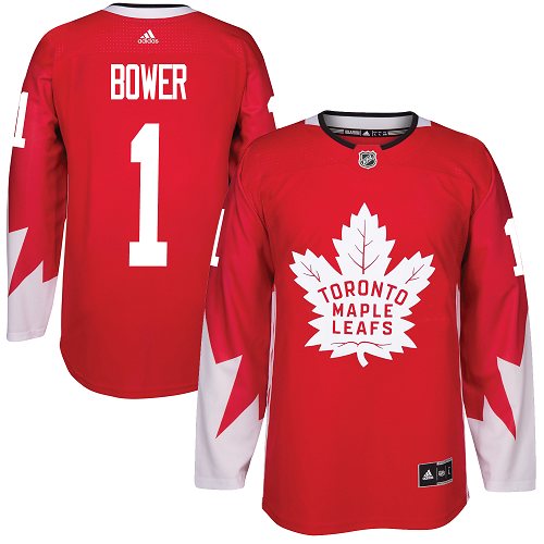Adidas Maple Leafs #1 Johnny Bower Red Team Canada Authentic Stitched NHL Jersey - Click Image to Close